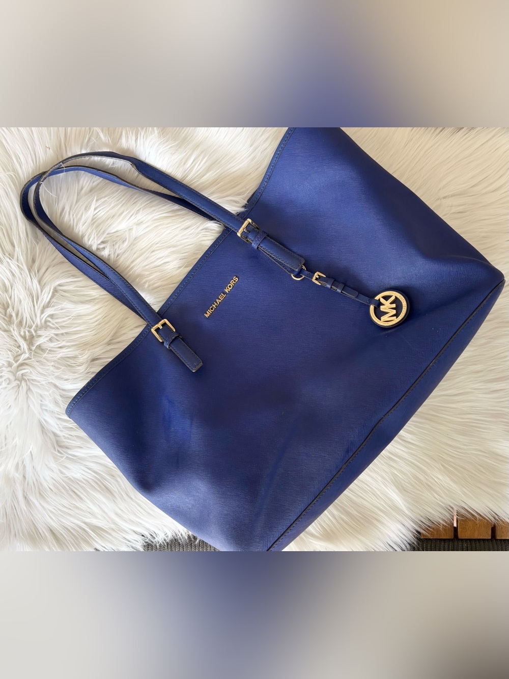 Michael Kors Electric Blue Saffiano Tote Bag Gold MK Charm